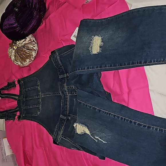 NWT Indigo Blue Distressed Denium Overalls Size XS - Picture 2 of 8